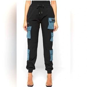 Maniere de Voir Black Denim Panel Cargo Joggers 14 Streetwear Utility Gorpcore